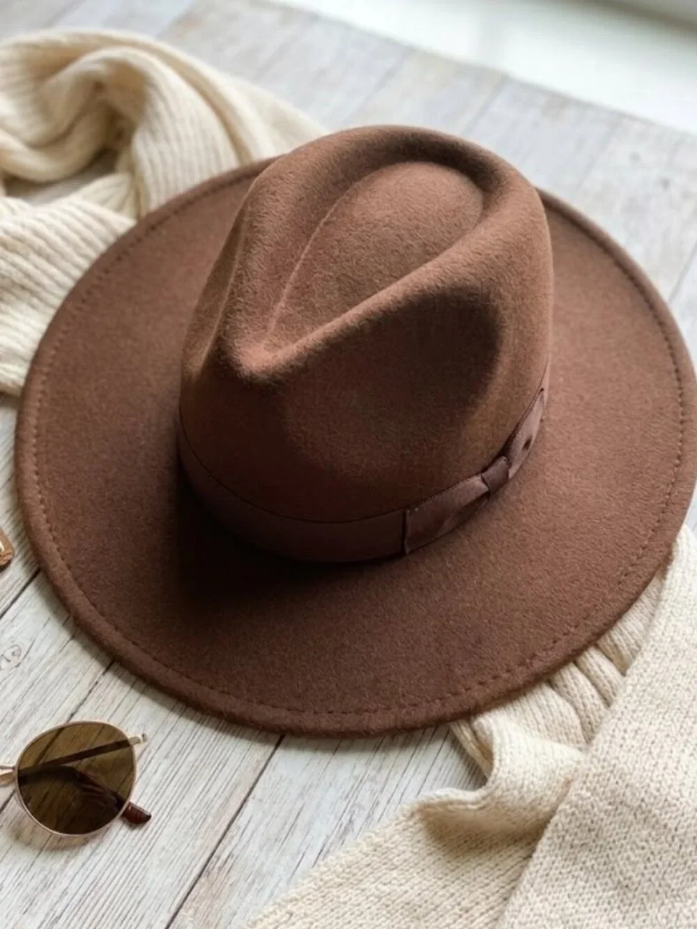 Cato Chocolate Brown Felt Fedora Hat - Wide Brim Boho Ribbon Band Adjustable OS